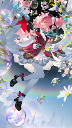 1girl absurdres aqua_bow aqua_bowtie aqua_eyes aqua_hair black_shoes bow bowtie bubble character_charm charm_(object) chinese_commentary commentary_request dress drill_hair flower guaisanmu hat highres honkai:_star_rail honkai_(series) hyacine_(honkai:_star_rail) little_ica_(honkai:_star_rail) multicolored_hair pantyhose pink_hair rainbow red_dress red_hat shoes sky sunflower twin_drills two-tone_hair weibo_username white_pantyhose
