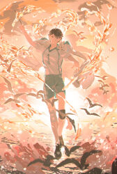 1boy absurdres aqua_shorts arm_up backlighting bird black_bird black_shoes brown_hair commentary full_body gradient_sky haikyuu!! highres holding holding_stick jacket jacket_on_shoulders jersey jiyun0805 knee_pads male_focus oikawa_tooru_(haikyuu!!) open_clothes open_jacket shoes short_hair short_sleeves shorts sky solo sportswear standing standing_on_liquid stick symbol-only_commentary volleyball_uniform water white_jacket