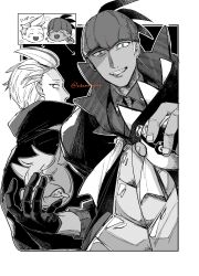 Rule 34 | 2boys, arrow (symbol), cibamatoxins, commentary request, dark-skinned male, dark skin, drayton (pokemon), earrings, gloves, green eyes, greyscale, grin, headband, highres, holding, holding poke ball, jacket, jewelry, male focus, monochrome, multicolored hair, multiple boys, nintendo, poke ball, pokemon, pokemon sv, pokemon swsh, raihan (pokemon), single glove, smile, spot color, streaked hair, stud earrings, translation request, two-tone hair, yellow eyes