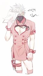 Rule 34 | 1boy, blush, clothing cutout, crossdressing, grey hair, hatake kakashi, heart cutout, holding, male focus, mask, mouth mask, naruto (series), naruto shippuuden, nurse, pectorals, scar, scar across eye, scar on face, short hair, solo, translation request, vosovic