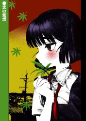1girl black_hair blunt_bangs blunt_ends blush closed_mouth collared_shirt commentary_request dress from_side half-closed_eyes halftone halftone_background highres holding holding_leaf leaf limited_palette looking_ahead marijuana multicolored_background neck_ribbon original photo_background pillarboxed pinafore_dress profile red_background red_eyes red_ribbon ribbon shirt short_hair short_sleeves sleeveless sleeveless_dress solo tile_roof town translation_request uchida_akira_(taaiseee1121) upper_body utility_pole yellow_background