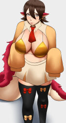 1girl bikini bikini_top_only blush breasts brown_eyes brown_hair dragon_girl from_above large_breasts large_tail leggings looking_up pointy_ears poketune ribbon short_hair skirt solo tail