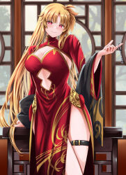 1girl blonde_hair blush breasts china_dress chinese_clothes cleavage clothing_cutout dress fate_testarossa highres holding holding_key key large_breasts long_hair long_sleeves lyrical_nanoha mahou_shoujo_lyrical_nanoha red_dress red_eyes side_slit smile solo sougetsu_izuki thigh_strap