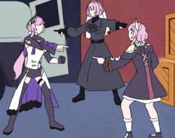 3girls black_boots black_dress black_gloves black_shorts boots box car chinese_commentary coat color_connection commentary_request company_connection corset cyrene_(honkai:_star_rail) dress elf elysia_(honkai_impact) elysia_(miss_pink_elf)_(honkai_impact) falkenhayn_mercenary_leader_(zenless_zone_zero) gloves hair_color_connection hair_ornament honkai:_star_rail honkai_(series) honkai_impact_3rd inoue_marina izumi_(lofter_41635481026) long_hair meme mihoyo motor_vehicle multiple_girls no_eyes pointing pointing_at_another pointing_spider-man_(meme) pointy_ears purple_coat short_hair shorts socks veil voice_actor_connection white_corset white_dress white_socks white_veil yanning zenless_zone_zero