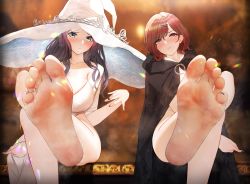 2girls absurdres alternate_skin_color barefoot blue_eyes blush breasts brown_eyes brown_hair elden_ring feet foot_focus highres higuchi_madoka idolmaster idolmaster_shiny_colors jewelry large_breasts large_hat crossed_legs long_hair looking_at_viewer medium_hair multiple_girls nail_polish parted_lips ranni_the_witch robe sitting smell soles steam sweat toe_ring toenail_polish toenails toes ursica