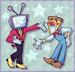 Rule 34 | 2boys, ^ ^, ant tenna, black pants, blue overalls, border, bow, bowtie, brown shoes, closed eyes, commentary, deltarune, drop shadow, english commentary, full body, gloves, green background, grey border, hand on own hip, jacket, male focus, multiple boys, necktie, object head, outline, outstretched arm, overalls, pantamonte, pants, pizza tower, pizzahead, pointy nose, red bow, red bowtie, red jacket, shirt, shoes, smile, star (symbol), tailcoat, teeth, tumblr username, white gloves, white outline, white shirt, yellow necktie, yellow shoes