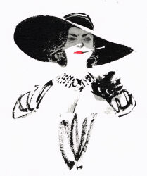 Rule 34 | 1girl, alcina dimitrescu, black hair, black hat, breasts, cigarette holder, cleavage, dress flower, eyeshadow, flower, furrowed brow, hat, highres, jewelry, large breasts, makeup, matias bergara, necklace, partially shaded face, red lips, resident evil, resident evil village, short hair, sketch, solo, spot color, squinting, sun hat, wavy hair, white background
