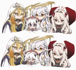 4girls bare_shoulders blonde_hair braid closed_mouth colored_extremities cowlick eye_hair_ornament eye_symbol genshin_impact gold_trim gradient_hair hair_between_eyes hair_intakes hair_ornament halo heterochromia hood istaroth_(genshin_impact) jewelry long_hair multicolored_hair multiple_girls nemu_(nemu222_n) paimon_(genshin_impact) purple_hands rhinedottir_(genshin_impact) ronova_(genshin_impact) simple_background smile symbol-shaped_pupils veil very_long_hair white_background white_hair white_veil yellow_eyes