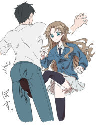 1boy 1girl artist_request ball_busting long_hair pants tagme