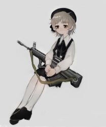 1girl assault_rifle beret black_headwear black_ribbon black_skirt brown_eyes bullpup closed_mouth collared_shirt commentary_request full_body gun hair_ribbon hat hatoba_tsugu holding holding_gun holding_weapon invisible_chair knee_blush light_blush light_brown_hair light_smile long_sleeves looking_ahead mikazuki_(mikadukia031) mole mole_under_eye neck_ribbon pantyhose qbz-95 ribbon rifle shirt shoes simple_background sitting skirt suspender_skirt suspenders tsugu_(vtuber) v_arms virtual_youtuber weapon white_background white_pantyhose white_shirt
