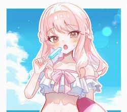 1other :o akiyama_mizuki alternate_hairstyle arm_at_side bare_shoulders bikini blush border braid cloud collarbone commentary day eating food frilled_bikini_top half_up_braid hand_up highres holding holding_food holding_popsicle lens_flare lifebuoy long_hair looking_at_viewer melting ocean off-shoulder_bikini off_shoulder open_mouth outdoors outline outside_border pink_eyes pink_hair pink_trim popsicle project_sekai sidelocks sky solo stomach straight-on sundi3d sweat swept_bangs swim_ring swimsuit symbol-only_commentary upper_body white_bikini white_border white_outline