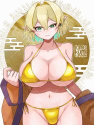 1girl bikini blonde_hair blush breasts bright_pupils brown_jacket cleavage commentary_request cowboy_shot egasumi gold_bikini green_eyes groin hair_intakes highres huge_breasts jacket looking_at_viewer mizuhashi_parsee navel pointy_ears short_hair signature solo swimsuit tomekami touhou white_pupils