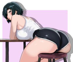 absurdres artist_name ass ass_focus bare_shoulders black_shorts blush breasts chainsaw_man chair cigarette dolphin_shorts eyepatch green_eyes highres himeno_(chainsaw_man) leaning_forward looking_at_viewer mothdropcrowla short_hair shorts tank_top thighs