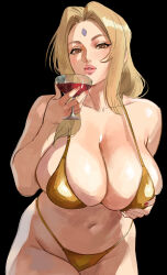 1girl absurdres armpit_crease bikini black_background blonde_hair breasts brown_eyes collarbone cup curvy drinking_glass facial_mark forehead_mark gold_bikini grabbing_own_breast groin hair_intakes hand_up highres holding holding_cup kirani large_breasts lips long_hair looking_at_viewer micro_bikini naruto_(classic) naruto_(series) navel parted_lips shiny_skin simple_background solo stomach swimsuit thong thong_bikini tsunade_(naruto) wide_hips wine_glass