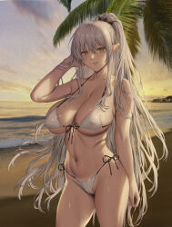 1girl ariane_glenys_maple beach bikini breasts cleavage collarbone commentary commentary_request covered_erect_nipples elf front-tie_bikini_top front-tie_top gaikotsu_kishi-sama_tadaima_isekai_e_odekake-chuu hair_between_eyes hand_up highres jeneral large_breasts long_hair navel ocean pointy_ears ponytail revision side-tie_bikini_bottom solo standing stomach sunset swimsuit thighs variant_set very_long_hair wet white_bikini yellow_eyes