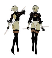 Rule 34 | 1girl, 2b (nier:automata), back cutout, black boots, blindfold, boots, breasts, cleavage, clothing cutout, high heel boots, high heels, highleg, highleg leotard, highres, leotard, multiple views, nier:automata, nier (series), puffy sleeves, sarakipin, short hair, simple background, thigh boots, white background, white hair
