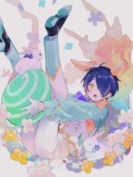 1boy animal_ears aqua_shirt black_hair blonde_hair blue_bow blue_bowtie bow bowtie collared_vest easter_egg egg ensemble_stars! fake_animal_ears flower full_body hair_over_one_eye highres holding holding_egg inomahe kemonomimi_mode loafers long_sleeves looking_at_viewer male_focus multicolored_hair open_mouth pants rabbit rabbit_boy rabbit_ears rabbit_tail sengoku_shinobu shirt shoe_soles shoes short_hair simple_background solo sweatdrop tail teeth two-tone_hair upper_teeth_only vest white_background white_pants white_vest wide-eyed yellow_eyes