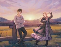 Rule 34 | 1boy, 1girl, black hair, blonde hair, closed eyes, cloud, cloudy sky, crossed arms, eren yeager, evening, full body, grass, happy, highres, iaisotria, krista lenz, long hair, long sleeves, official alternate costume, open mouth, outdoors, shingeki no kyojin, short hair, sky, smile, sun, sunset, teeth