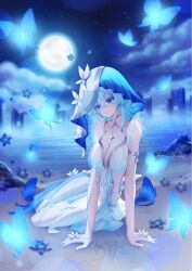 1girl arm_support armlet black_flower blake_bloom_(wuthering_waves) blue_butterfly blue_dress blue_eyes blue_hair blue_veil breasts bug butterfly closed_mouth commentary dress flower full_moon hair_between_eyes highres insect jewelry large_breasts long_hair looking_at_viewer moon naemi_fay night night_sky outdoors shore shorekeeper_(wuthering_waves) signature sitting sky sleeveless sleeveless_dress smile solo two-tone_veil veil white_veil wuthering_waves yokozuwari