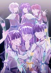 4th_live_dream_~bloom_the_dream_believers~ 6+girls :d ^_^ animification black_background black_gloves black_hair blue_flower blue_ribbon blush bob_cut brown_hair closed_eyes closed_mouth commentary_request dream_believers dress flower fujishima_megumi gloves gradient_background grey_hair grin hair_ornament hanamiya_nina hand_on_another&#039;s_shoulder hayama_fuka highres holding holding_flower hoshiji inverted_bob kan_kanna kurusu_rin light_particles link!_like!_love_live! long_hair looking_back love_live! multicolored_hair multiple_girls nirei_nozomi no_eyes nonaka_kokona official_alternate_costume open_hand open_mouth orange_ribbon otomune_kozue out_of_frame pink_dress pink_flower pink_ribbon purple_flower purple_hair purple_ribbon real_life red_hair ribbon sakurai_hina sasaki_kotoko short_hair smile star_(symbol) star_hair_ornament streaked_hair tsukine_kona two_side_up u_u virtual_graduation_commemoration virtual_youtuber voice_actor voice_actor_connection yellow_flower yellow_ribbon yugiri_tsuzuri