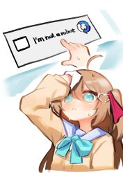 Rule 34 | 1girl, absurdres, ahoge, aqua bow, aqua bowtie, aqua eyes, arm up, blush, bow, bowtie, brown hair, captcha, cardigan, daily struggle (meme), english text, feng feng (yopokaede), hair ornament, hashtag-only commentary, heart, heart hair ornament, highres, long hair, long sleeves, meme, neuro-sama, parted lips, sweat, two side up, upper body, vedal ai, virtual youtuber, wiping sweat, yellow cardigan