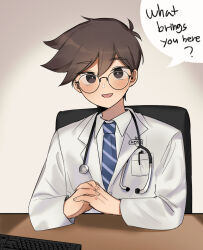 1boy :d antenna_hair bespectacled black-framed_eyewear blue_necktie blush bright_pupils brown_eyes brown_hair chair character_name coat collared_shirt commentary commentary_request computer_keyboard desk diagonal-striped_clothes diagonal-striped_necktie doctor double-parted_bangs english_commentary english_text fingernails glasses griffin333 hair_behind_ear hair_between_eyes hero_(faraway)_(omori) hero_(omori) highres indoors interlocked_fingers korean_commentary lapels long_sleeves looking_at_viewer male_focus mixed-language_commentary necktie office_chair omori open_mouth own_hands_together pocket round_eyewear shirt short_hair simple_background sitting smile solo speech_bubble striped_clothes swivel_chair upper_body very_short_hair white_coat white_pupils