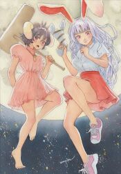 2girls animal_ears arm_behind_back bare_legs barefoot black_hair blunt_bangs breasts carrot_necklace closed_mouth commentary_request cowlick d: dress eyebrows_hidden_by_hair floppy_ears frills from_below full_moon grey_hair gun highres holding holding_gun holding_mallet holding_weapon huge_moon inaba_tewi jewelry kine leg_up lunatic_gun mallet medium_breasts moon multiple_girls necklace night night_sky nose open_mouth painting_(medium) pink_dress puffy_short_sleeves puffy_sleeves rabbit_ears rabbit_tail red_skirt reisen_udongein_inaba shirt shoes short_hair short_sleeves skirt sky sneakers tail toes touhou traditional_media tsukimi uryan! watercolor_(medium) weapon white_shirt wing_collar