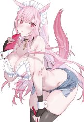 1girl :&lt; absurdres alternate_species artist_name bare_shoulders bikini black_choker black_gloves black_thighhighs blue_shorts blush breasts chain choker cleavage closed_mouth collarbone commentary english_commentary fingerless_gloves fingernails frilled_bikini frills gloves highres holding holding_pen hololive hololive_english horse_girl huge_breasts kamiya_maneki leaning_forward long_hair looking_at_viewer maid_headdress mori_calliope pen pink_eyes pink_hair shorts signature simple_background solo stomach swimsuit thighhighs thighs virtual_youtuber white_background white_bikini white_wrist_cuffs wrist_cuffs
