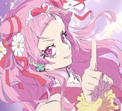 Rule 34 | 1girl, chou haijin chiyo, clover earrings, cure yell, flower, hair flower, hair ornament, hair ribbon, hand up, heart, heart hair ornament, hugtto! precure, index finger raised, light smile, long hair, magical girl, pink eyes, pink hair, precure, purple background, red ribbon, ribbon, sparkle