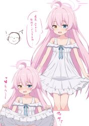 ! 1boy 1girl :d ^^^ absurdres ahoge bare_shoulders blue_archive blue_eyes blush brown_eyes closed_eyes closed_mouth clothes_lift collarbone cropped_jacket doodle_sensei_(blue_archive) dress dress_lift fang frilled_dress frills hair_between_eyes halo heterochromia highres hoshino_(blue_archive) loli long_hair multiple_views off-shoulder_dress off_shoulder open_mouth out-of-frame_censoring pink_hair sensei_(blue_archive) simple_background smile takasuma_hiro translation_request very_long_hair white_background white_dress