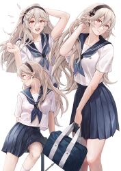 1girl absurdres alternate_costume arm_up bag black_hairband blonde_hair blue_necktie blue_skirt blush bow breasts closed_mouth commentary_request feet_out_of_frame female_corrin_(fire_emblem) fire_emblem fire_emblem_fates hair_between_eyes hair_bow hairband hand_up head_tilt highres leaning_to_the_side long_hair looking_to_the_side medium_breasts multiple_views necktie nintendo open_mouth pleated_skirt pointy_ears red_eyes school_bag school_uniform serafuku shiny_clothes short_sleeves sidelocks simple_background skirt smile sobasakuhin teeth thighs upper_teeth_only white_background