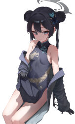 1girl absurdres bare_shoulders black_coat black_dress black_gloves black_hair blue_archive breasts butterfly_hair_ornament china_dress chinese_clothes coat commentary_request covered_navel cowboy_shot double_bun dragon_print dress gloves green_eyes grey_halo hair_bun hair_ornament halo highres invisible_chair kisaki_(blue_archive) light_smile loli looking_at_viewer print_dress shiraiyu sideboob sitting skirt_hold sleeveless sleeveless_dress small_breasts solo striped_coat