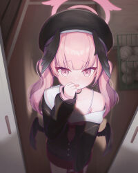 Rule 34 | 1girl, absurdres, beret, black hat, black shirt, black wings, blue archive, blunt bangs, blush, collarbone, cropped legs, feathered wings, gym storeroom, hand up, hat, head wings, highres, koharu (blue archive), long hair, long sleeves, looking at viewer, low wings, mulp sty, neckerchief, open mouth, pink eyes, pink hair, pink neckerchief, pink skirt, pleated skirt, sailor collar, school uniform, shirt, single off shoulder, skirt, solo, spaghetti strap, sweat, twintails, volleyball, white sailor collar, wings