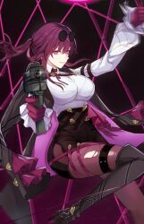 1girl asymmetrical_footwear black_boots black_jacket black_shorts boots breasts commentary_request eyewear_on_head glasses gloves gun high-waist_shorts highres holding holding_gun holding_weapon honkai:_star_rail honkai_(series) jacket jacket_on_shoulders kafka_(honkai:_star_rail) knee_boots large_breasts pince-nez purple_eyes purple_gloves purple_hair purple_thighhighs round_eyewear saint_laurent_paris shirt shorts smile solo submachine_gun sunglasses thighhighs weapon white_shirt