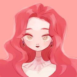 1girl brown_eyes closed_mouth earrings eyelashes gem highres jewelry lips looking_at_viewer makeup mole mole_under_mouth oka-easelandshiro original pink_hair pink_theme portrait red_gemstone red_lips rouge_(makeup) simple_background solo square wavy_hair