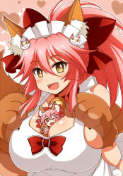 1girl :d ;d afuro bare_shoulders between_breasts blush bow breasts bright_pupils brown_gloves brown_hair cat_hair_ornament character_doll chibi collar doll fangs fate/grand_order fate_(series) female_focus gloves hair_bow hair_ornament heart heart_background large_breasts looking_at_viewer maid_headdress one_eye_closed open_mouth paw_shoes pink_hair ponytail red_bow shoes smile solo sparkle tamamo_(fate) tamamo_cat_(fate) tamamo_cat_(third_ascension)_(fate) upper_body