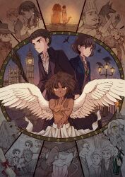 6+boys 6+girls absurdres angel_wings arthur_underwood ascobol bartimaeus bartimaeus_(series) black_hair character_request chef_hat cyclops dark-skinned_male dark_skin faquarl gloves hat highres honorius_(bartimaeus) john_mandrake kathleen_jones knife lion london long_coat martha_underwood multiple_boys multiple_girls one-eyed ptolemy_(bartimaeus) purpleboots quentin_makepeace short_hair simon_lovelace wings yellow_eyes