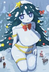 Rule 34 | 1boy, 1girl, 3others, aseprite (medium), borrowed character, bow, bowtie, breasts, christmas, christmas ornaments, christmas ornaments in hair, collarbone, frown, giant, giantess, hair bow, lamily, monster girl, multiple others, naked ribbon, navel, no nipples, nude, original, pixel art, plant hair, purple eyes, red bow, red bowtie, reindeer, ribbon, santa claus, sitting, snow, snow on head, snowing, star (symbol), tree, wariza, winter, yellow ribbon