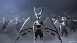 6+girls absurdres angel_(hazbin_hotel) artist_name black_dress black_halo black_pants dress elbow_gloves gloves glowing glowing_eyes gradient_background grey_background grimmie02 halo hazbin_hotel helm helmet highres horns lute_(hazbin_hotel) multiple_girls pants short_dress thighhighs watermark white_gloves white_thighhighs wings