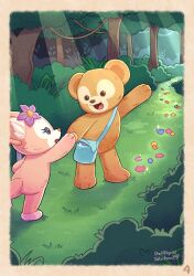 1boy 1girl animal_ears animification bear bear_boy bear_ears duffy_and_friends duffy_the_disney_bear fox fox_ears fox_girl furry highres holding linabell looking_at_viewer no_humans smile standing takatmaorange