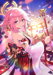 1girl animal_earrings animal_ears backless_dress backless_outfit bare_shoulders blush breasts closed_mouth dress electro_symbol_(genshin_impact) fox_ears fox_girl genshin_impact gohei hair_between_eyes hair_ornament holding holding_gohei large_breasts long_hair long_sleeves looking_at_viewer nontraditional_miko pink_hair purple_eyes saylamars smile solo stairs torii vision_(genshin_impact) wide_sleeves yae_miko
