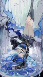 1girl absurdres arknights asymmetrical_gloves black_boots black_dress black_horns blue_dress blue_eyes blue_gloves blue_hair boots brown_corset bubble closed_mouth collar commentary constellation corset demon_horns detached_collar dress english_commentary full_body gloves hair_between_eyes hair_ornament halo highres holding_baton horns jewelry layered_dress legs_up long_hair long_sleeves looking_at_viewer lying mismatched_gloves mostima_(arknights) mostima_(ethereal_harmony)_(arknights) official_alternate_costume on_back pendant roman_numeral smile solo strapless strapless_dress swept_bangs thighs traditional_halo white_collar white_dress white_gloves wide_sleeves yellow_halo yezhi_dun_luobei