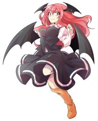 1girl alphes_(style) bat_wings black_dress black_vest black_wings boots breasts collared_shirt commentary_request crying crying_with_eyes_open dairi dress full_body head_wings koakuma large_variant_set leg_up long_hair long_sleeves looking_at_viewer medium_breasts midriff necktie orange_boots parody red_eyes red_hair red_necktie shirt solo style_parody tears touhou transparent_background variant_set vest white_shirt wings