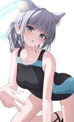 1girl :3 animal_ear_fluff animal_ears black_one-piece_swimsuit blue_archive blue_eyes breasts commentary competition_swimsuit cross_hair_ornament extra_ears grey_hair gyaru_v hair_ornament halo heart highres low_ponytail medium_breasts medium_hair mismatched_pupils multicolored_swimsuit official_alternate_costume one-piece_swimsuit ponytail sandals shijima_(shijima_tc) shiroko_(blue_archive) shiroko_(swimsuit)_(blue_archive) simple_background smile solo split_mouth swimsuit twitter v white_background wolf_ears