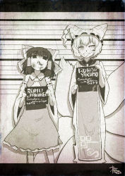 2girls bad_id bad_pixiv_id blood bow female_focus fox_tail hakurei_reimu hat highres holding holding_sign jpeg_artifacts mugshot multiple_girls short_hair sign tail tongue touhou ume_(noraneko) ume_noraneko yakumo_ran