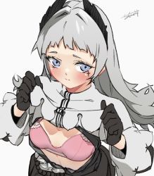 1girl :s animated animated_gif arknights black_gloves black_jacket blinking blue_eyes blush bra breasts capelet capelet_lift closed_mouth clothes_lift dress embarrassed gloves grey_capelet grey_hair head_wings highres irene_(arknights) jacket lifting_own_clothes long_hair long_sleeves looking_at_viewer open_clothes open_dress pink_bra scar scar_across_eye scar_on_face seto_tinami signature small_breasts solo underwear upper_body wings