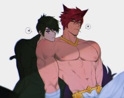 Rule 34 | 2boys, abs, animal ears, aphelios, bandaged arm, bandages, black coat, black hair, broad shoulders, closed mouth, coat, collarbone, commentary, english commentary, facial mark, head rest, heart, highres, jewelry, league of legends, looking to the side, male focus, multiple boys, multiple scars, navel, necklace, nipples, pants, pectorals, red hair, scar, scar on arm, scar on face, sett (league of legends), sett hd, short hair, sideways glance, simple background, speech bubble, spoken heart, topless male, uneven eyes, white background, white pants, yaoi