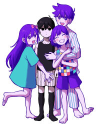 1girl 3boys absurdres antenna_hair aubrey_(headspace)_(omori) aubrey_(omori) barefoot black_eyes black_hair blue_shirt bow bright_pupils brothers closed_mouth colored_skin expressionless hair_bow hero_(headspace)_(omori) hero_(omori) highres k_toast kel_(headspace)_(omori) kel_(omori) long_hair long_sleeves looking_at_viewer multiple_boys omori omori_(omori) pants pink_bow purple_eyes purple_hair purple_shorts shirt short_hair short_sleeves shorts siblings simple_background white_background white_pupils white_skin