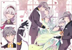 Rule 34 | 1boy, 1girl, absurdres, aqua dress, black coat, black gloves, black hairband, blush, bow, caelus (honkai: star rail), coat, dress, firefly (honkai: star rail), gloves, gradient hair, grey hair, hair between eyes, hair intakes, hair ornament, hairband, handkerchief in pocket, heart, highres, holding hands, honkai: star rail, honkai (series), long hair, mikage033, multicolored hair, musical note, neckerchief, open clothes, open coat, open mouth, orange bow, orange neckerchief, sleeveless, sleeveless dress, smile, trailblazer (honkai: star rail), tuxedo, white sleeves, window