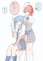 2girls absurdres ahoge alternate_costume blue_bow blue_bowtie blue_eyes blue_hair blue_nails blue_necktie blue_socks bow bowtie chair chamomile_(kazumasa) fanning_self green_eyes grey_skirt highres hololive hoshimachi_suisei hot kneehighs multiple_girls necktie on_chair pink_hair plaid_clothes plaid_skirt ponytail sakura_miko school_chair school_uniform shirt shirt_tucked_in short_sleeves skirt sleeve_rolled_up smile socks speech_bubble star_(symbol) star_in_eye symbol_in_eye twintails tying_another&#039;s_hair virtual_youtuber white_shirt white_socks